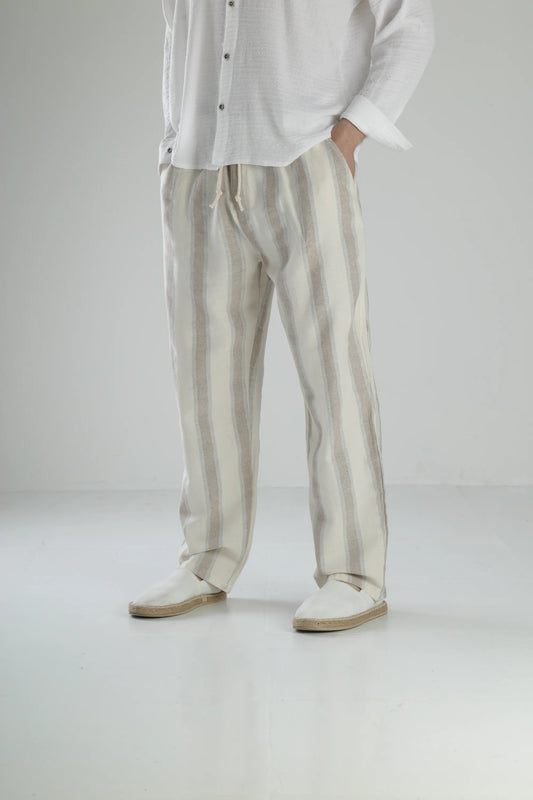 Boheme Striped Linen Baggy Pants - Blue