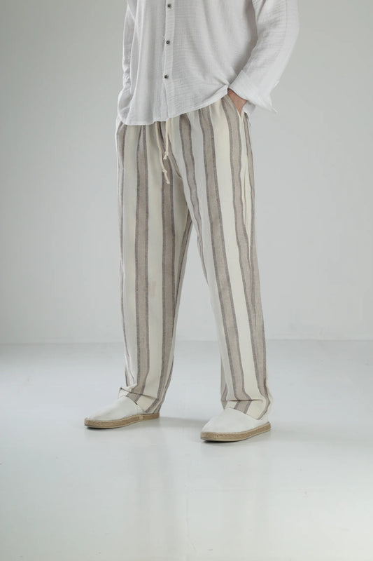 Boheme Striped Linen Baggy Pants - Brown