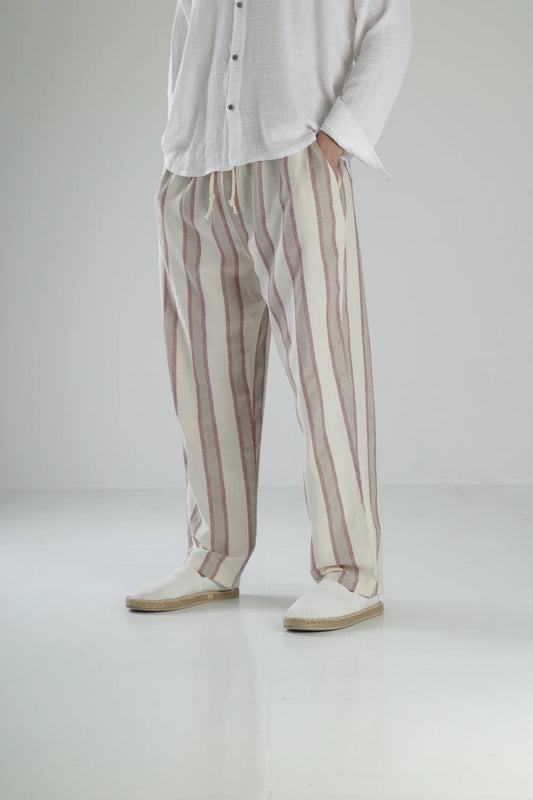 Boheme Striped Linen Baggy Pants - Burgundy