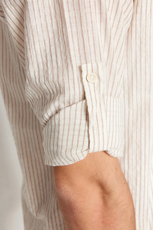 Camel Colored Linen Blend - Regular Fit Striped Shirt