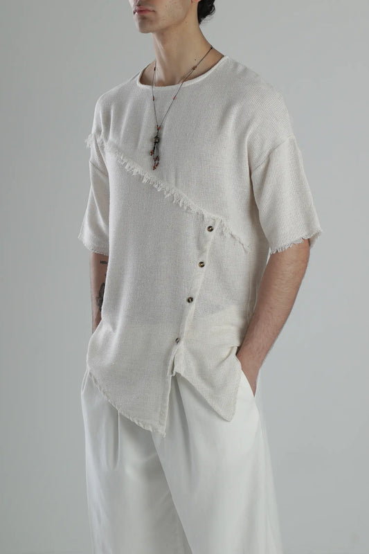 Asymmetric Buldan T-Shirt with Button Detail - Beige