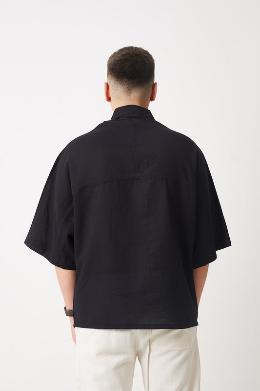Front and Back Stitch Detail Oversize Cotton Shirt - Black