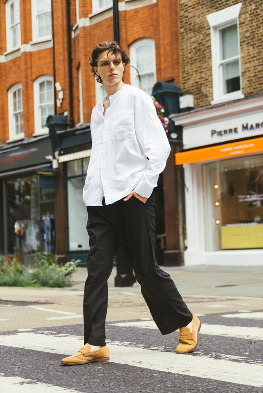 Mandarin Collar, Single Pocket Detail, Long Sleeve Cotton Shirt - White