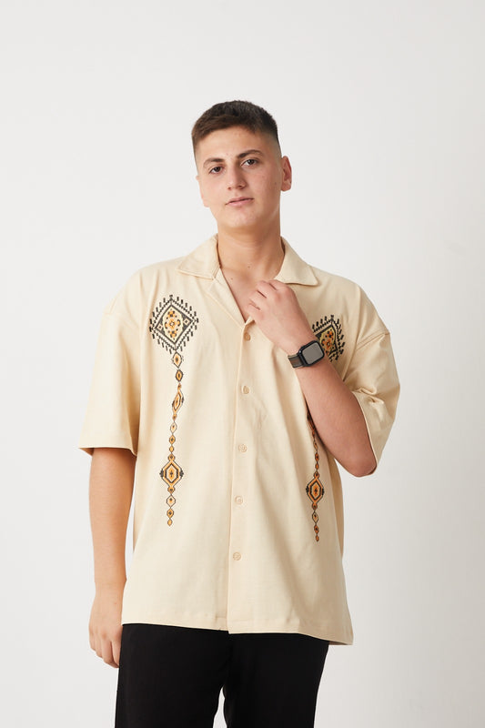 Apache Collar, Embroidered Detail, Supreme Shirt - Beige