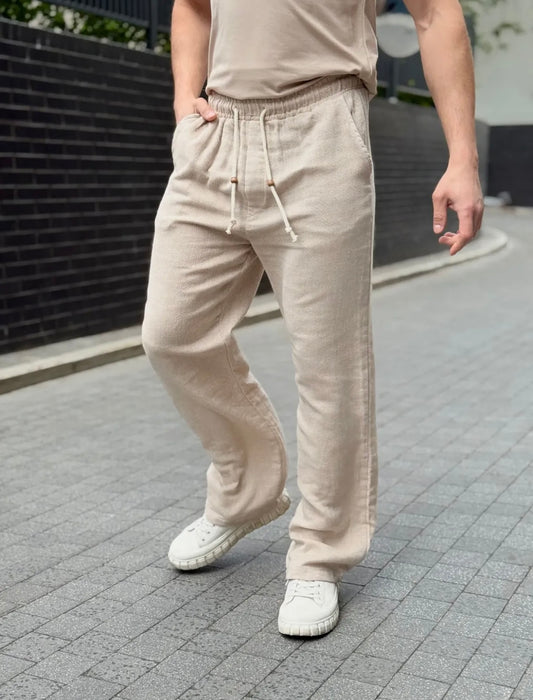 Baggy Panama Linen Trousers - Beige
