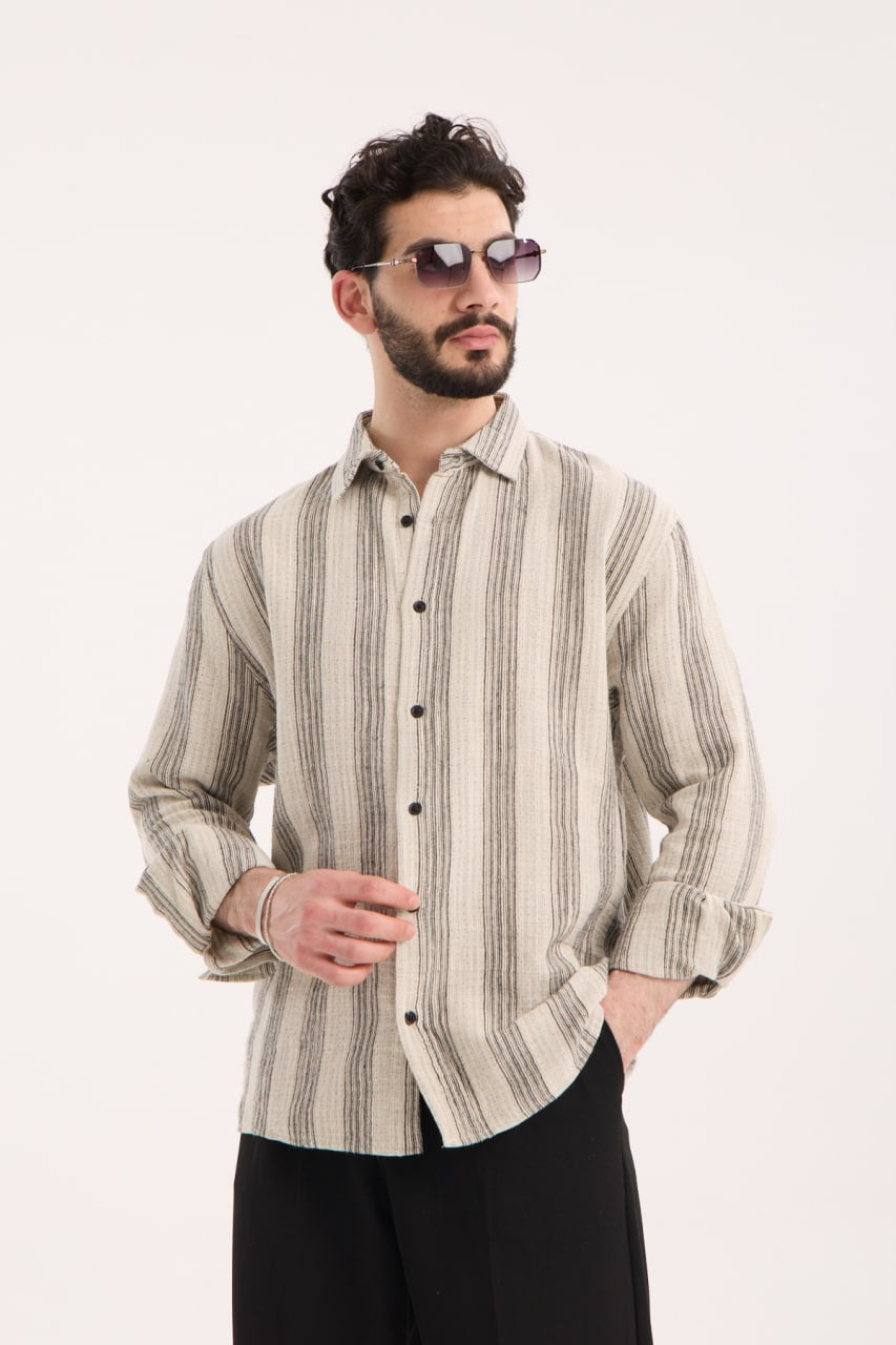 Striped Muslin Shirt with Stand Collar - Black