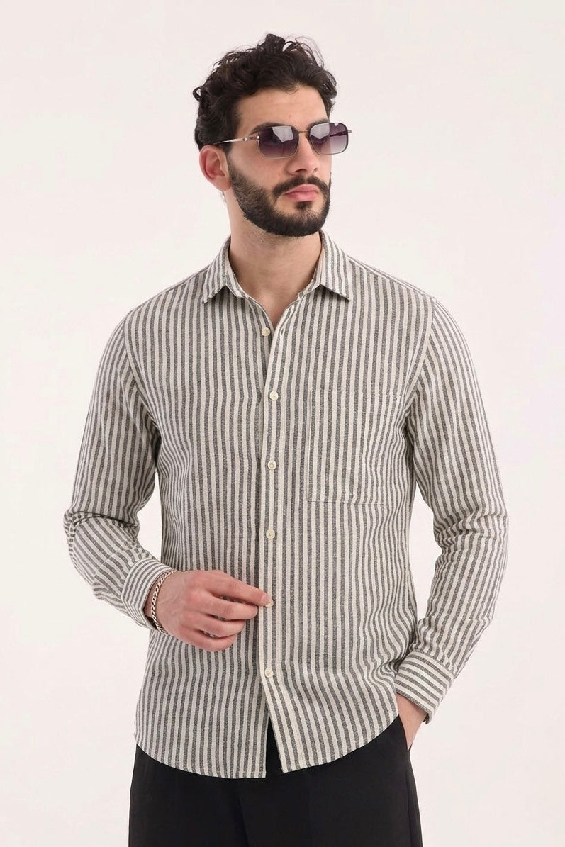 Stand Collar Long Sleeve Muslin Shirt- Black