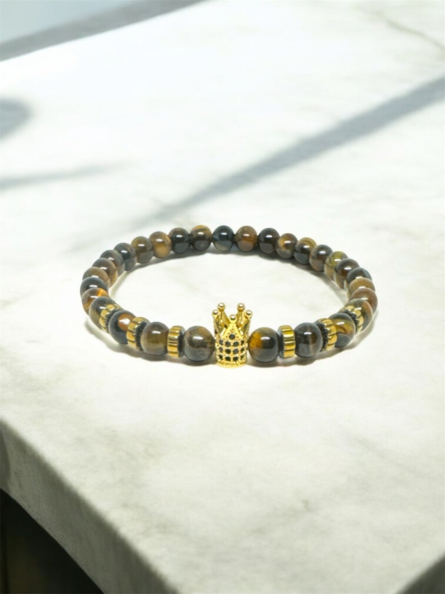 Tiger Eye Natural Stone Bracelet – Gold Zircon Crown Detail