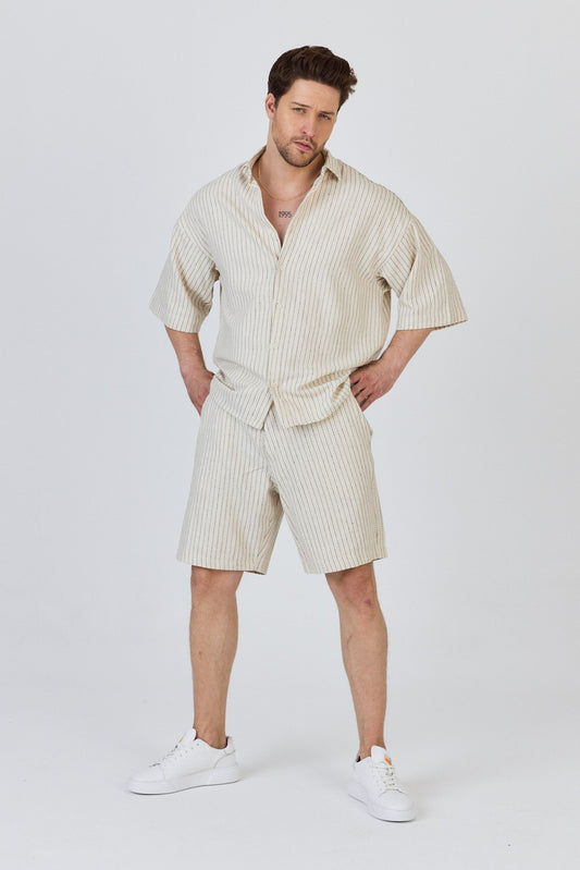 Stand Collar Striped Shirt and Shorts Set-Black