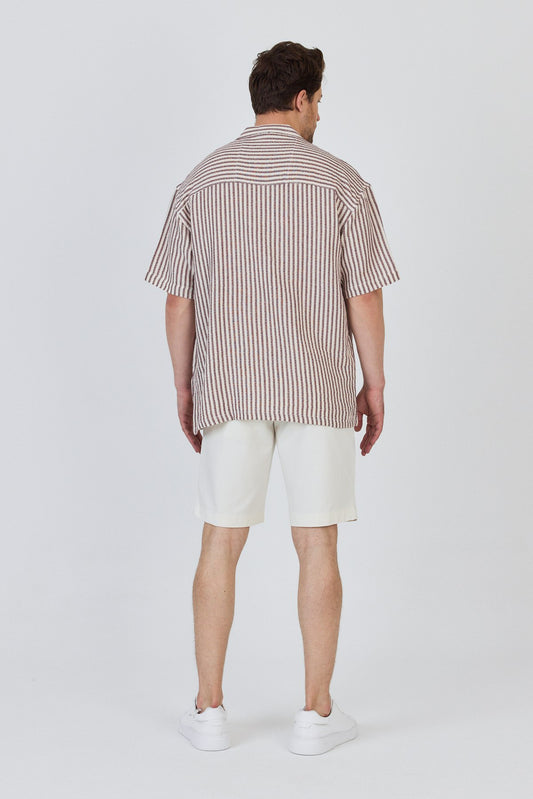 Apache Collar Short Sleeve Striped Muslin Shirt-Burgundy