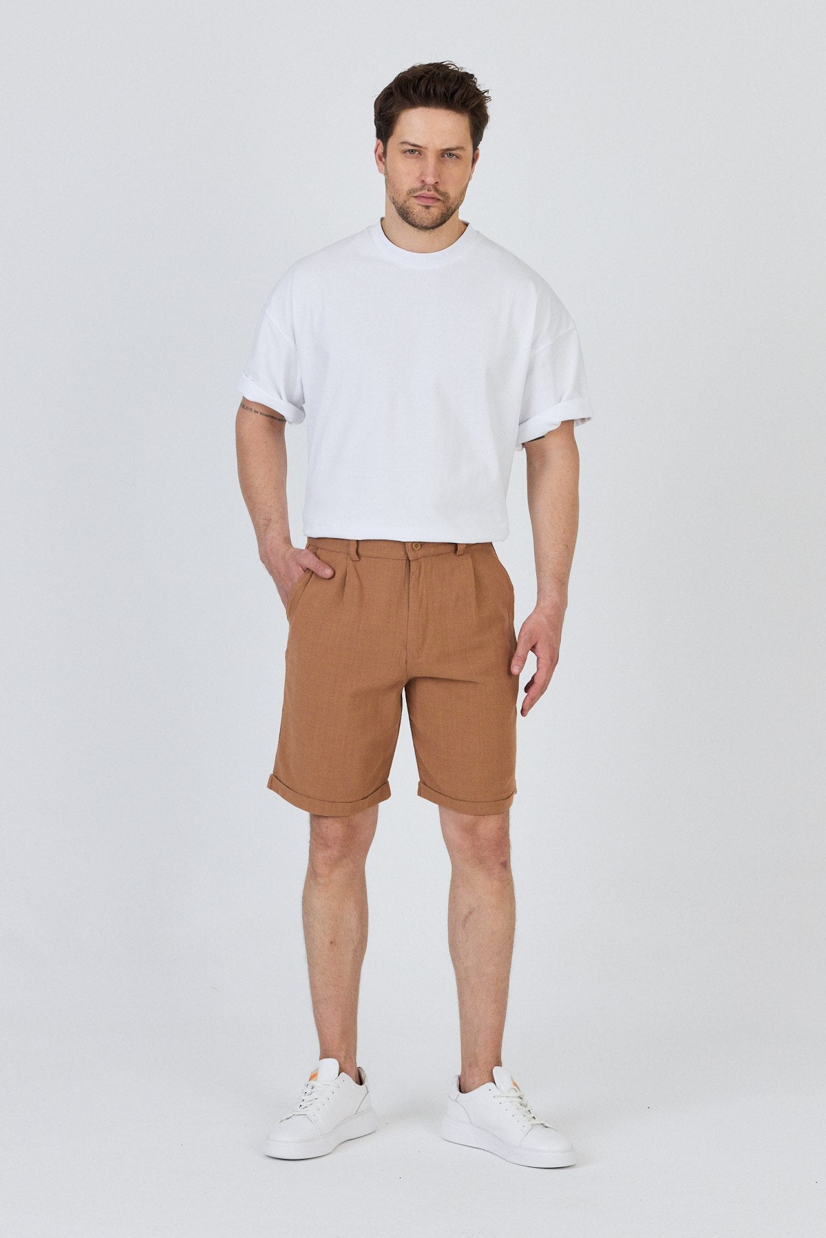 Zippered Linen Shorts with Single Back Pocket-Mink