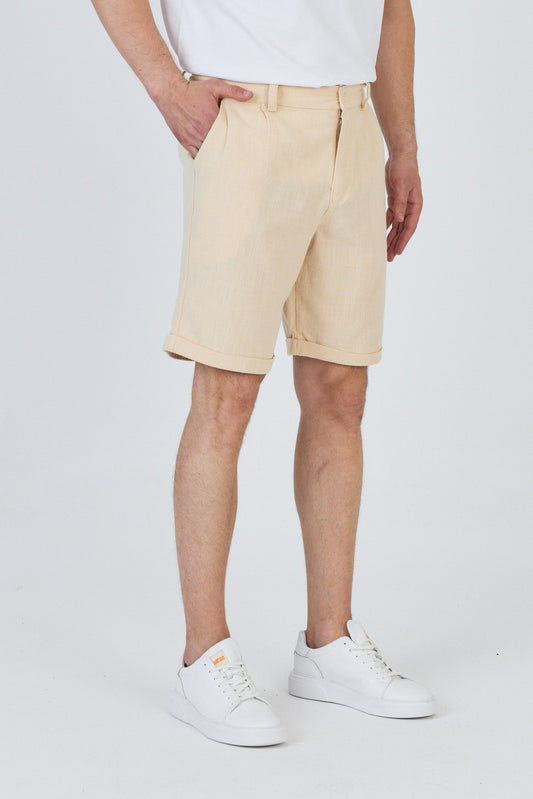Zippered Linen Shorts with Single Back Pocket-Beige
