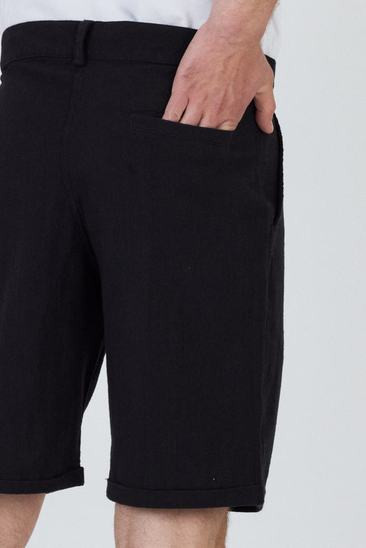 Zippered Linen Shorts with Single Back Pocket-Black