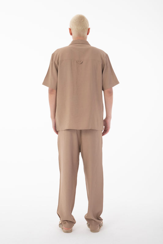 Short Sleeve Shirt Zippered Pants Set-Brown