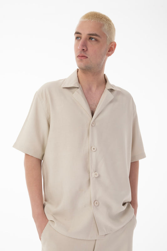 Short Sleeve Shirt Zippered Pants Set-Beige