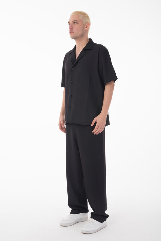 Short Sleeve Shirt Zippered Pants Set-Black