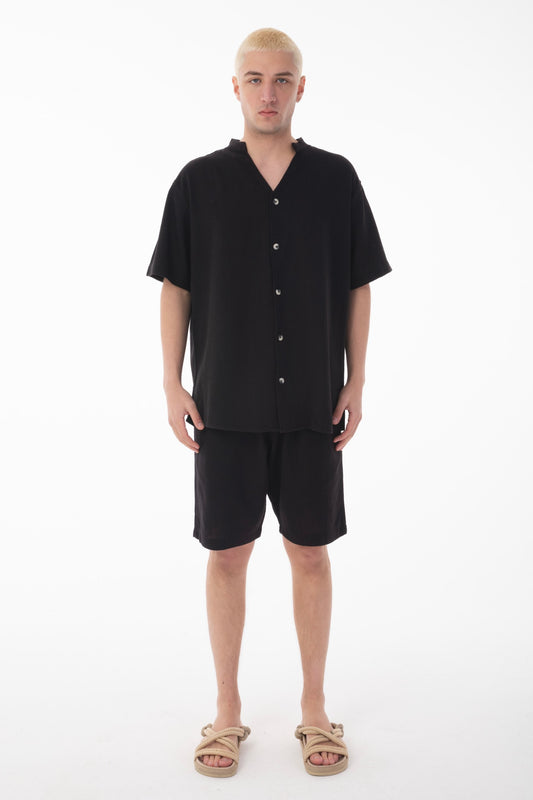 Mandarin Collar Linen Shirt & Shorts Set-Black
