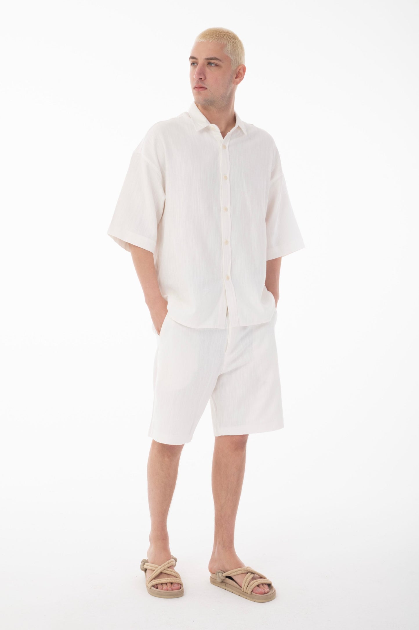 Linen Co-ord Set with Stand Collar Shirt-White