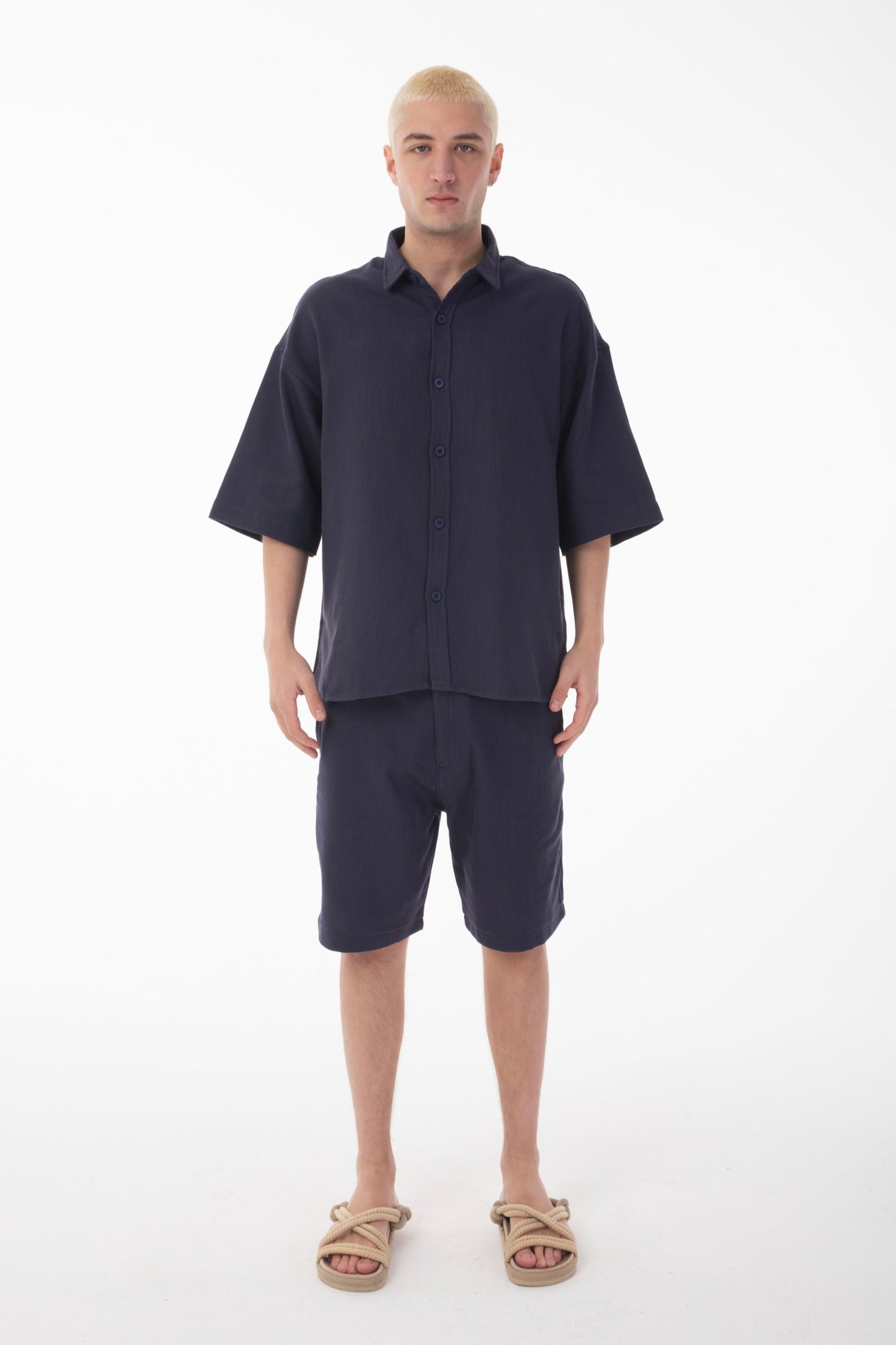 Linen Co-ord Set with Stand Collar Shirt-Navy