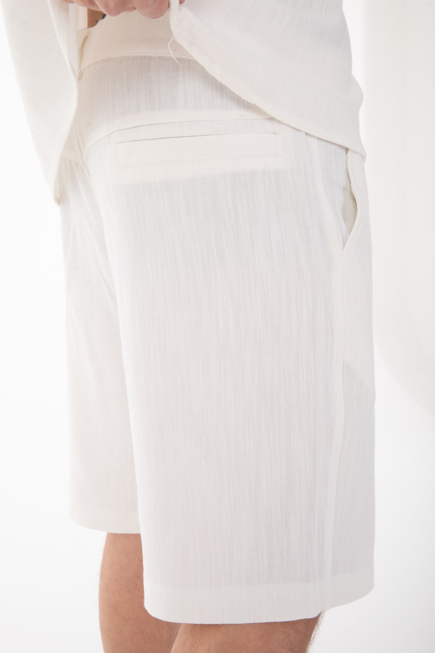 Linen Co-ord Set with Stand Collar Shirt-White