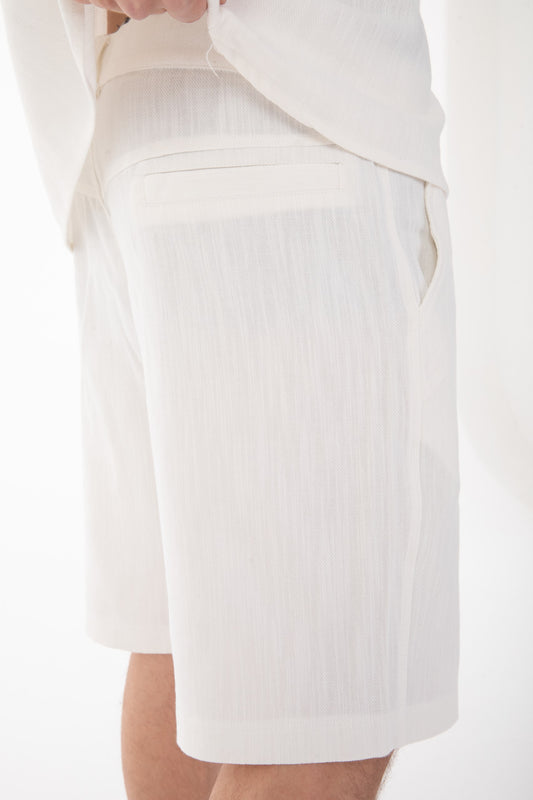 Linen Co-ord Set with Stand Collar Shirt-White