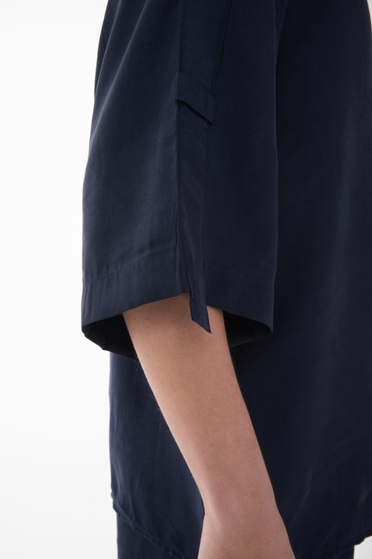 Stand Collar Modal Co-ord Set with Shirt and Shorts Details-Navy