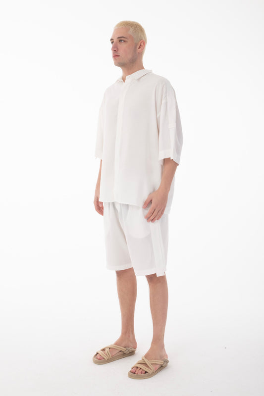 Stand Collar Modal Co-ord Set with Shirt and Shorts Details-White