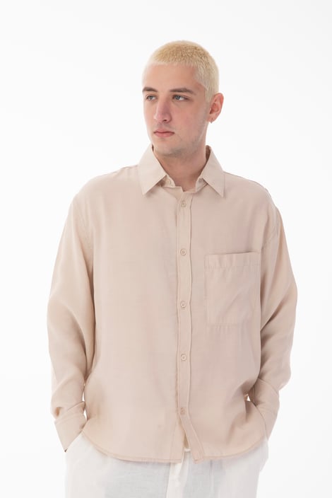 Stand Collar Single Pocket Detailed Long Sleeve Modal Shirt - Beige