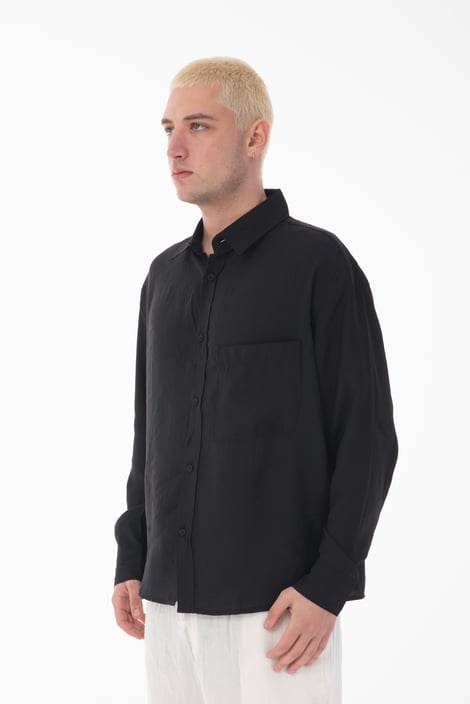 Stand Collar Single Pocket Detailed Long Sleeve Modal Shirt - Black