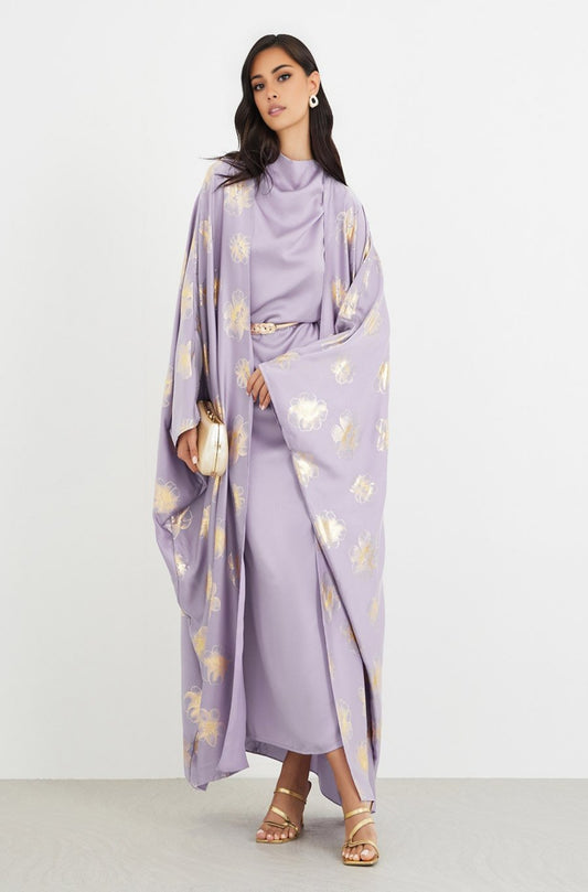 Lilac Satin Floral Abaya & Cowl Neck Dress with Belt Set