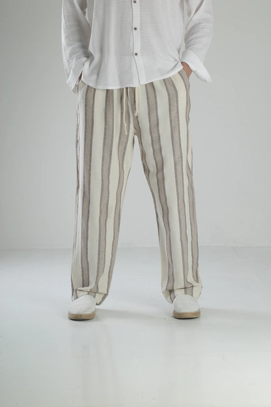 Boheme Striped Linen Baggy Pants - Brown