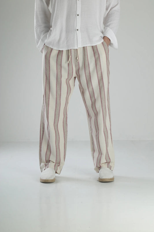 Boheme Striped Linen Baggy Pants - Burgundy