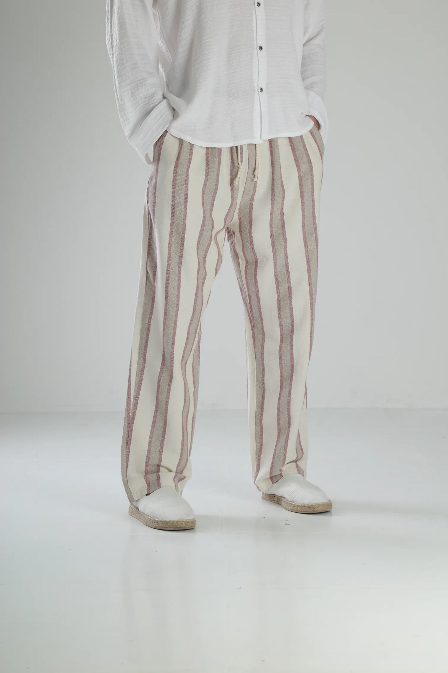 Boheme Striped Linen Baggy Pants - Burgundy