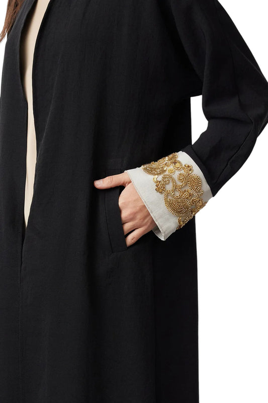 Black Axial Embroidered Woven Abaya