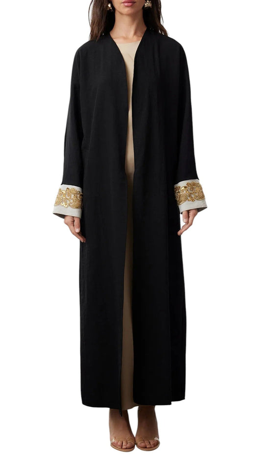 Black Axial Embroidered Woven Abaya