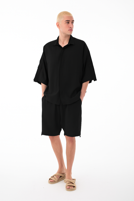 Stand Collar Modal Co-ord Set with Shirt and Shorts Details-Black