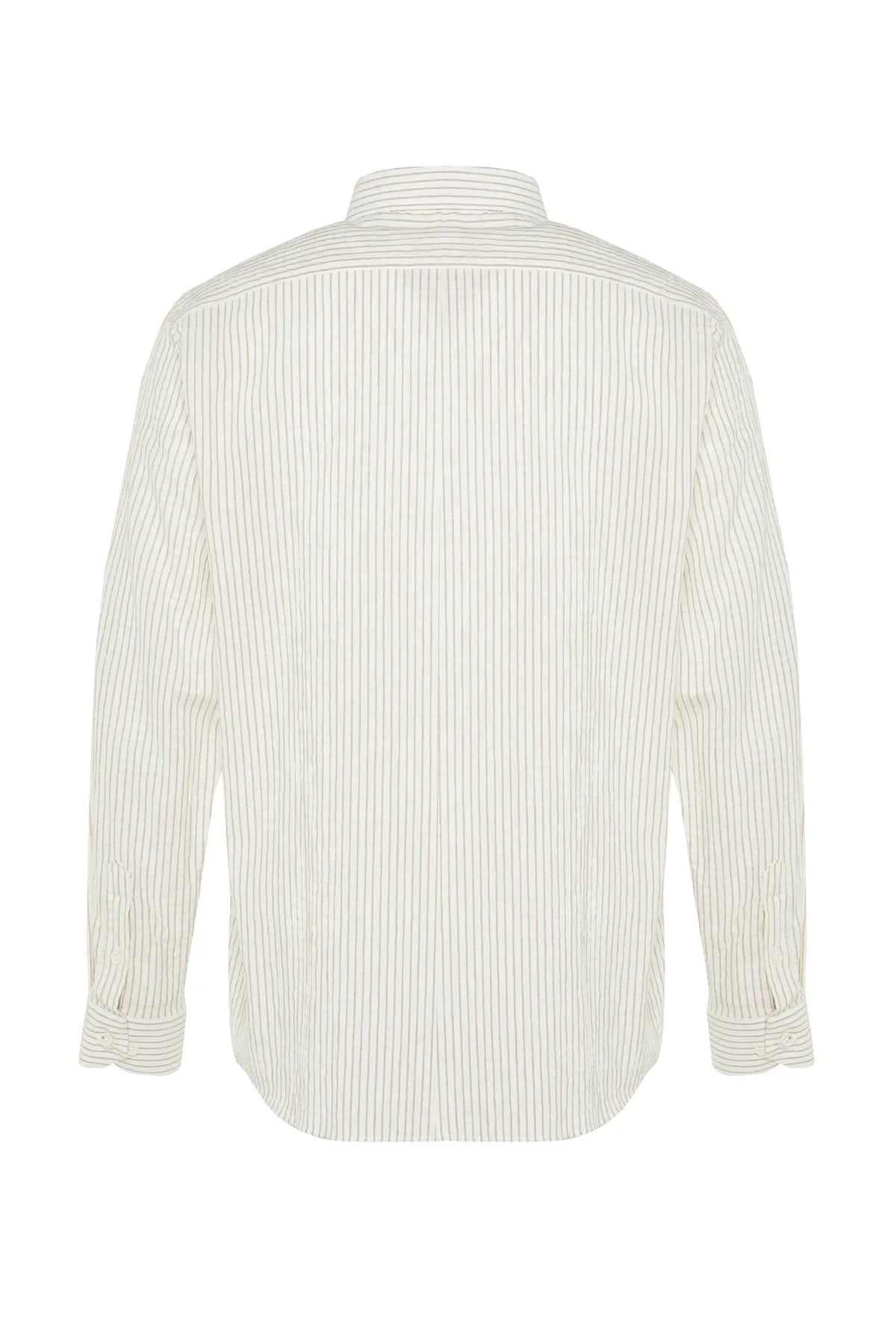 Camel Colored Linen Blend - Regular Fit Striped Shirt