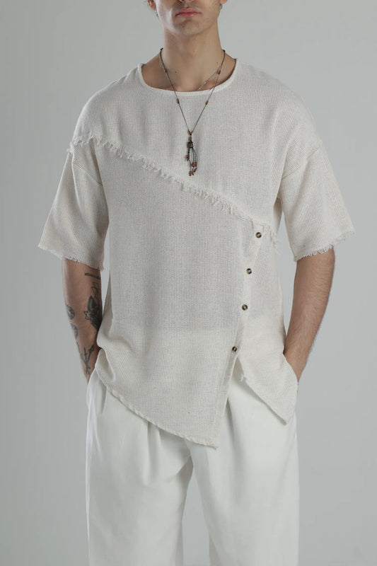 Asymmetric Buldan T-Shirt with Button Detail - Beige