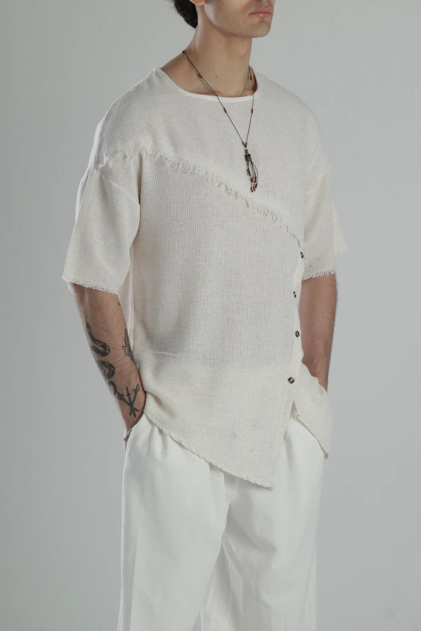 Asymmetric Buldan T-Shirt with Button Detail - Beige