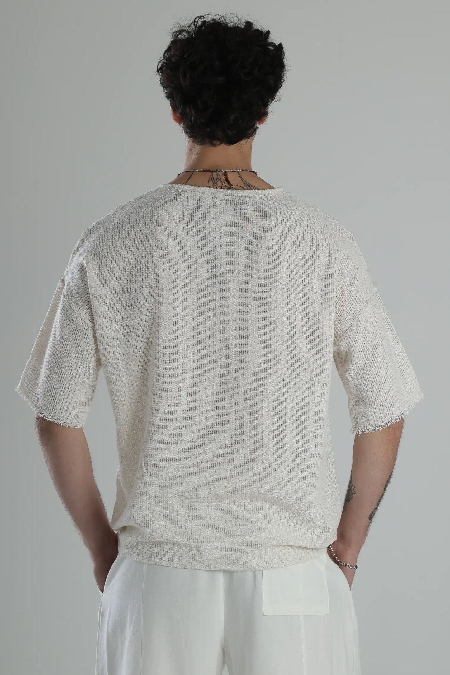 Asymmetric Buldan T-Shirt with Button Detail - Beige