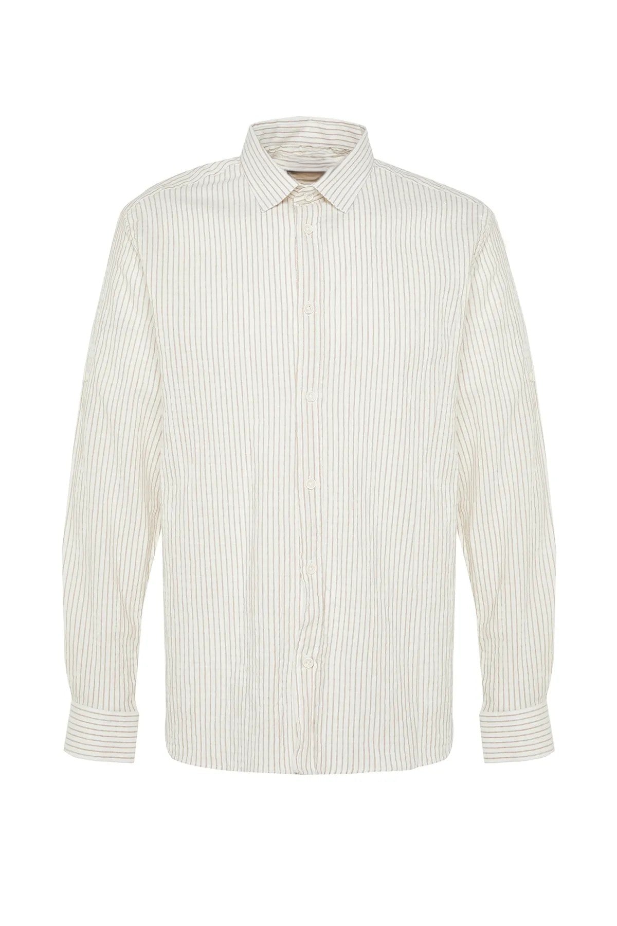 Camel Colored Linen Blend - Regular Fit Striped Shirt