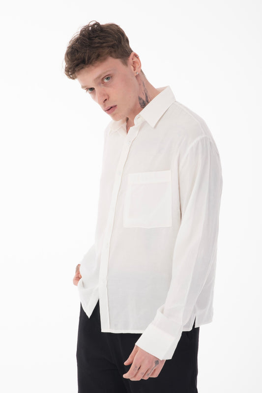 Stand Collar Single Pocket Detailed Long Sleeve Modal Shirt - Ecru