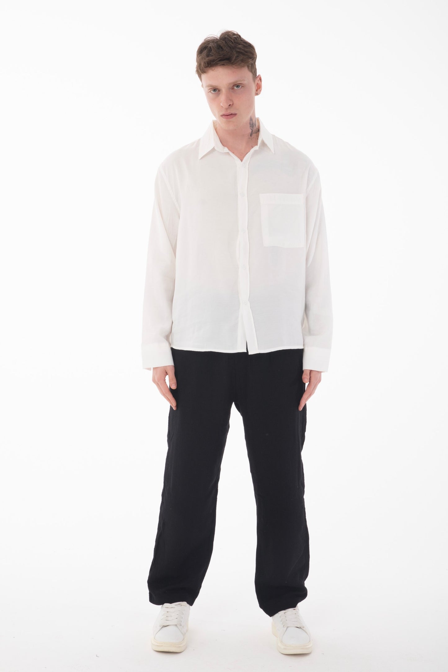 Stand Collar Single Pocket Detailed Long Sleeve Modal Shirt - Ecru