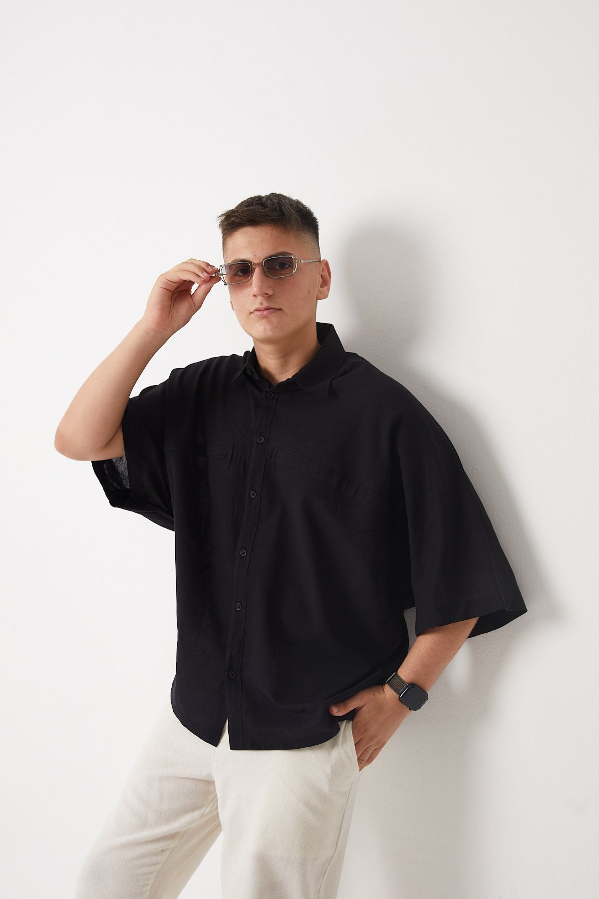Front and Back Stitch Detail Oversize Cotton Shirt - Black