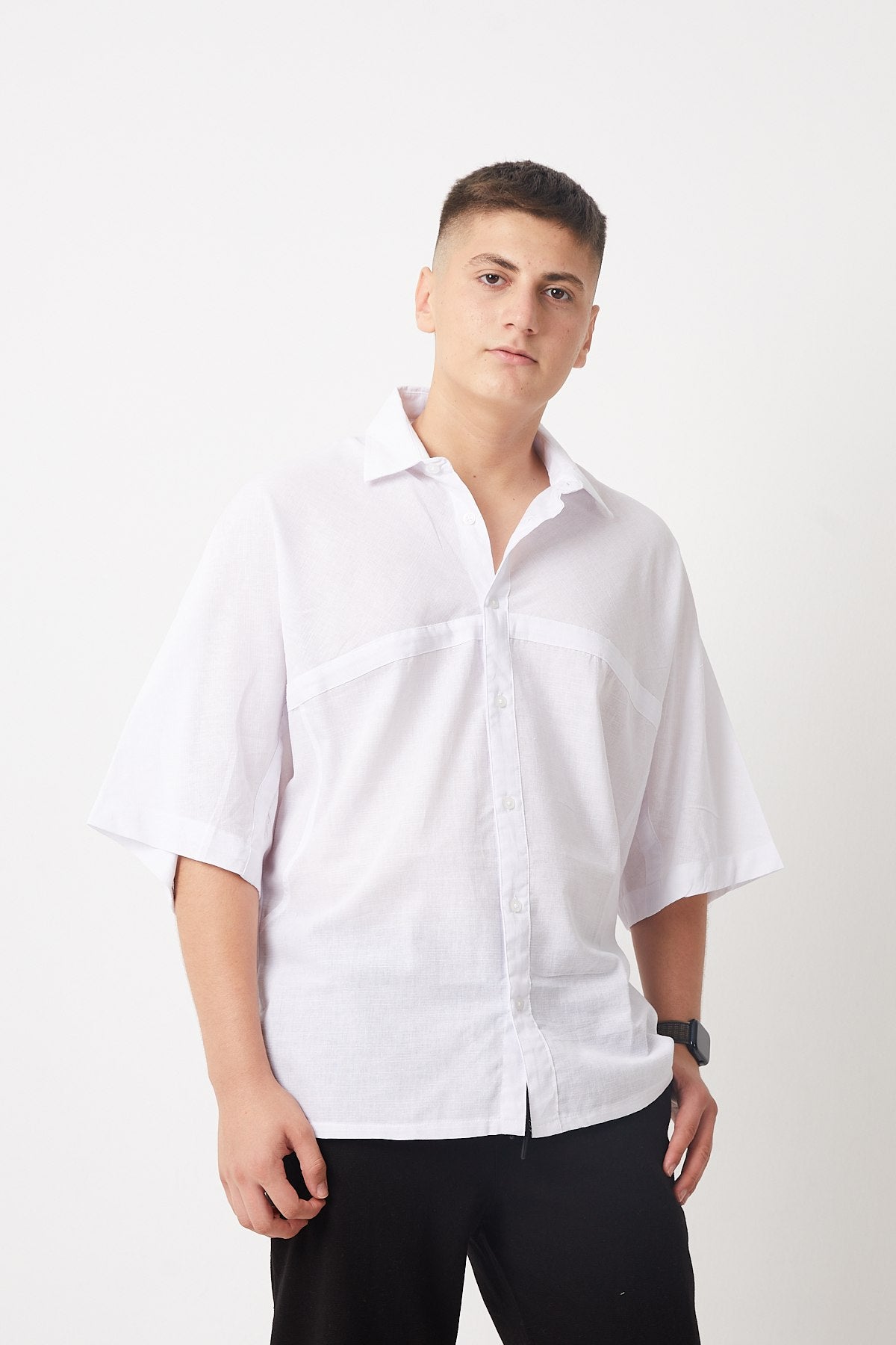 Front and Back Stitch Detail Oversize Cotton Shirt - White