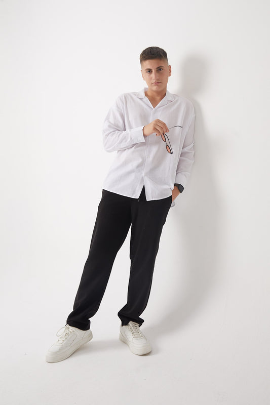 Apache Collar Long Sleeve Cotton Shirt - White