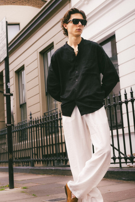 Mandarin Collar, Single Pocket Detail, Long Sleeve Cotton Shirt - Black