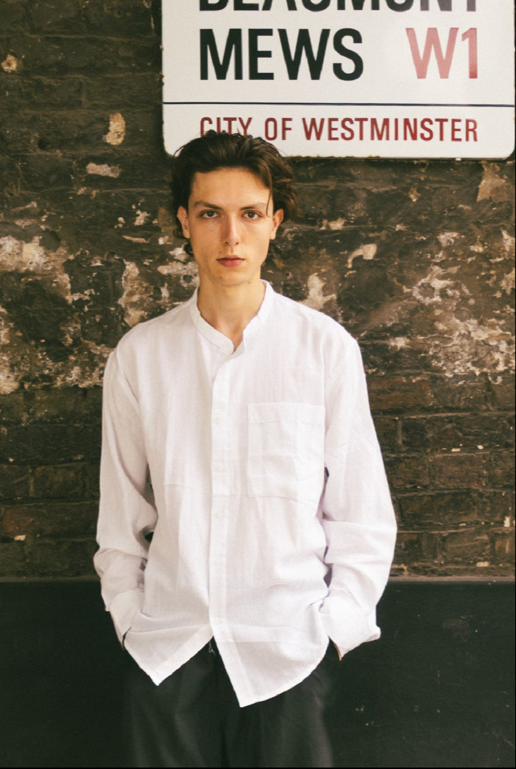 Mandarin Collar, Single Pocket Detail, Long Sleeve Cotton Shirt - White