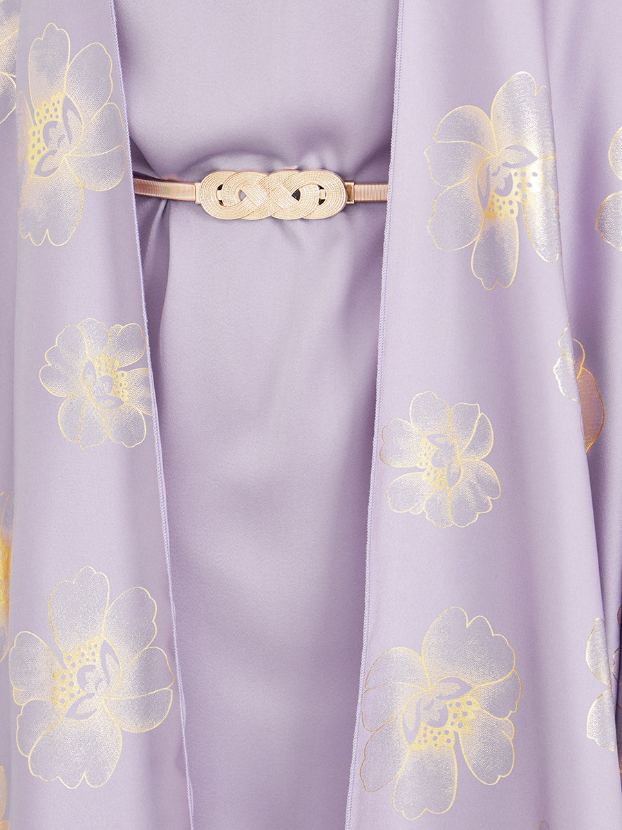 Lilac Satin Floral Abaya & Cowl Neck Dress with Belt Set