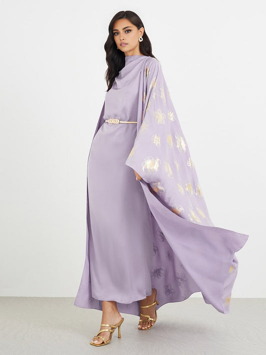 Lilac Satin Floral Abaya & Cowl Neck Dress with Belt Set